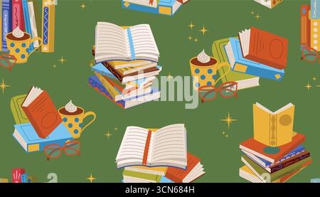 Cartoon flat style seamless pattern with book, stacks, reading glasses, and cocoa mug. Cute colorful hand drawn clipart for study, education, library, Stock Vector