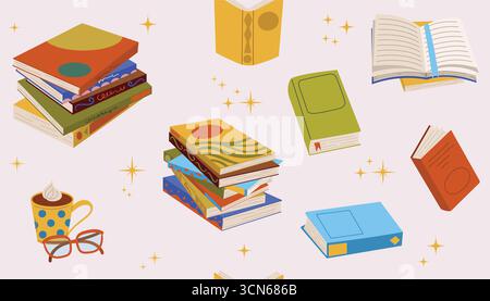 Flat cartoon seamless pattern with books, book stacks, cocoa mug, and reading glasses. Colorful hand drawn clipart for library, knowledge, learning, s Stock Vector