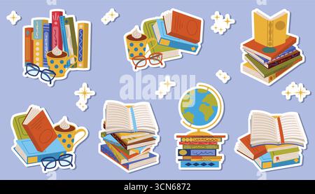 Cartoon flat style set of stickers with book, stack, globe, reading glass, and cocoa mug. Cute colorful hand drawn clipart for study, school, educatio Stock Vector