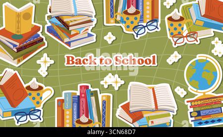 Cartoon flat style horizontal poster with quote back to school, books, stacks, globe, reading glasses, and cocoa mug. Cute hand drawn card for study, Stock Vector