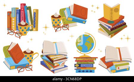 Cartoon flat style set of compositions with book stack, globe, reading glass, and cocoa mug. Cute hand drawn clipart for study, school, education, kno Stock Vector