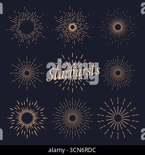 A set of eight solar bursts on a dark background. Solar bursts, elements of a shining star. Stock Vector