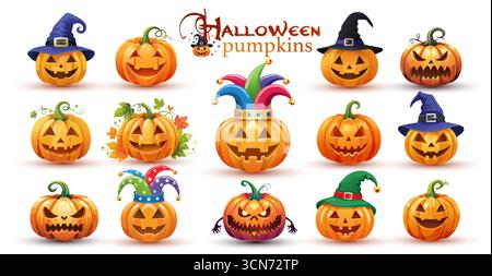 Halloween pumpkins set vector design. Halloween orange pumpkin with funny faces for holiday season spooky trick or treat collection isolated on white Stock Vector