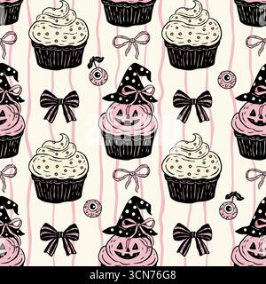 Retro Halloween Cupcake Seamless Pattern With Witch Hat And Bows In Vintage Vector Style Stock Vector