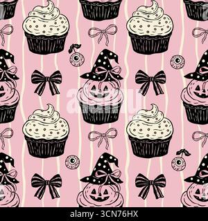 Retro Halloween Cupcake Seamless Pattern With Witch Hat And Bows In Vintage Vector Style Stock Vector