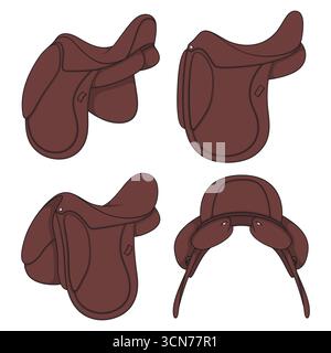 Set of color illustrations with horse saddle. Isolated vector objects on white background. Stock Vector