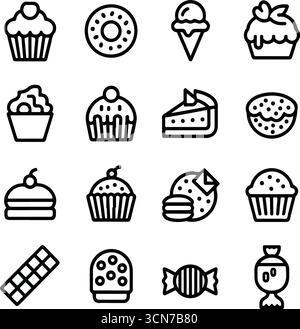 Black and white sweet dessert icon set illustrations Stock Vector