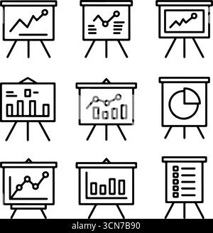 Black and white business presentation icon set with charts, graphs, and infographics Stock Vector