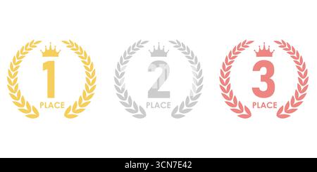 Set of Award First, Second and Third Places. Gold, Silver and Bronze Laurel Wreath for Trophy Cup. Champion and Winning Concept. Vector Illustration. Stock Vector