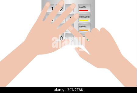 Hand Covering while Typing PIN code or Password on ATM Keypad to Withdraw Money from ATM- Automated Teller Machine. Stock Vector