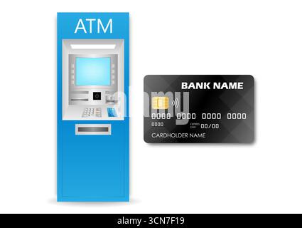 Credit Card, ATM Card or Debit Card  and ATM- Automated Teller Machine. Paying, Withdrawing or Transferring Money Concept. Vector Illustration. Stock Vector