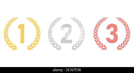 Set of Award First, Second and Third Places. Gold, Silver and Bronze Laurel Wreath for Trophy Cup. Champion and Winning Concept. Vector Illustration. Stock Vector