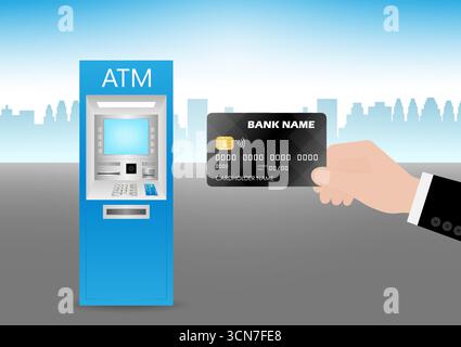 Hand Holding Credit Card, ATM Card or Debit Card with ATM- Automated Teller Machine. Paying, Withdrawing or Transferring Money Concept. Stock Vector