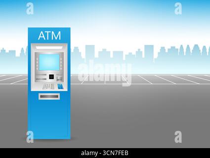 ATM- Automated Teller Machine Standing at Parking Lot in the City. Vector Illustration. Stock Vector