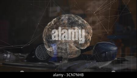 Floating brain hologram projecting grid wireframe above wooden workbench, with headphones Stock Photo