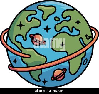 Whimsical Cartoon Earth Illustration with Orbiting Planets, Stars, Playful Style Stock Vector