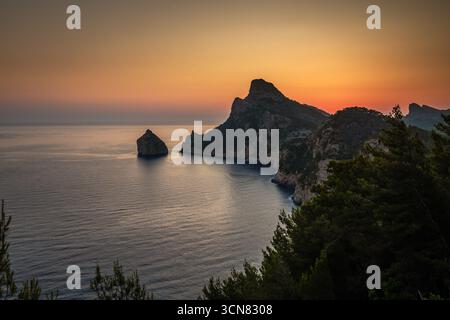 Mallorca, Spain - Golden sunrise at the cliffs of Cap de Formentor, the northernmost point of Mallorca on the Formentor peninsula Stock Photo