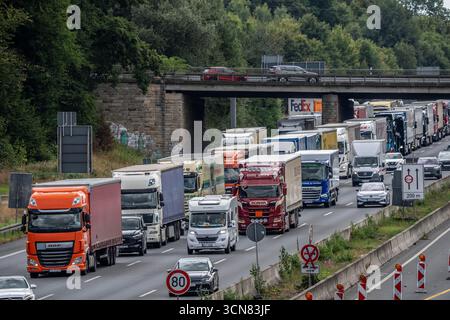 Traffic jam on the A1 motorway between the Dortmund-Unna junction (A1/A44) and the Kamener Kreuz junction (A1/A2), lorries backed up in the left lane, Stock Photo