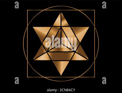 Gold Merkaba sacred spiritual icon. Energy soul symbol. Sacred geometry Merkabah, Star of David, golden gradient pattern effect, isolated on black Stock Vector