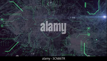 Displaying cyber interface over strand backdrop with neon green circuit lines and central bug icon Stock Photo