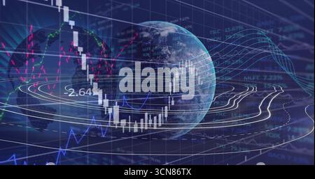 Displaying 3D globe overlaying market data on blue grid, candlesticks, line graphs and labels Stock Photo