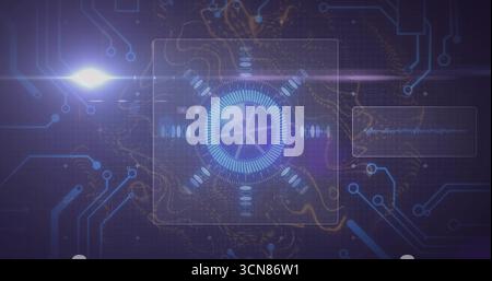 Central circular HUD spinning in virtual UI showing panels, waveform, circuit traces, glowing nodes Stock Photo