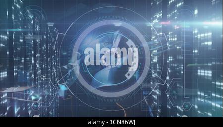 Displaying circular digital interface over nighttime skyline, with grid, hex icons and data lines Stock Photo