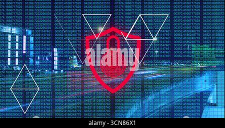 Displaying red shield icon with padlock and target rings on digital dashboard, with streaming code Stock Photo