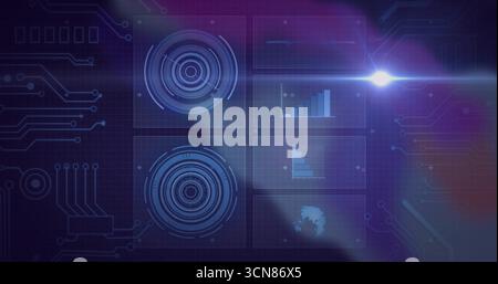 Animating central six-panel HUD interface on grid backdrop, with charts, globe icon and lens flare Stock Photo