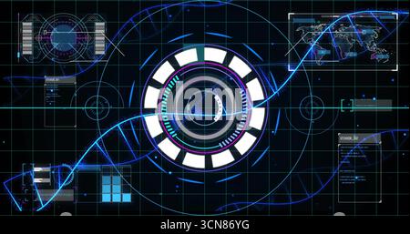 Pulsing central circular HUD interface highlighting virtual display, with neon DNA helix streams Stock Photo