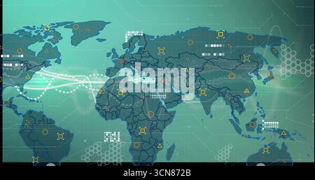 Presenting stylized world map in UI style, with dotted route lines, data markers, hex patterns Stock Photo
