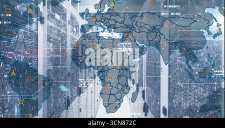 Displaying holographic world map overlaying data center hall, with racks, LEDs, network icons Stock Photo