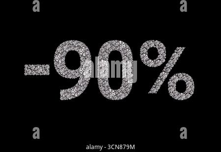 A close up of a 90% discount sign. The sign is made up of small diamonds and is surrounded by a black background Stock Photo