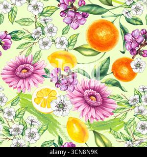 Fruity floral watercolor botanical seamless pattern hand drawn Stock Photo