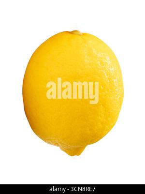 Side view of single fresh ripe yellow lemon fruit with water droplets is isolated on white background with clipping path. Stock Photo
