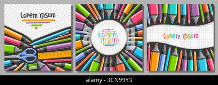 Vector covers with colorful Markers, collection of square layouts with copyspace for advertising with neon markers around circle, cover mockups set wi Stock Vector