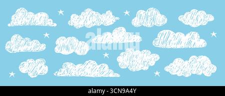 White pencil clouds on blue. Kids crayon sketch collection. Naive hand drawn childish illustrations for school projects. Grunge image. Vector bundle Stock Vector