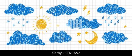 Chalk pencil clouds. Doodle sun, stars, cloud, moon, rain and other primitive elements. Childish texture. Hand drawn vector stock kid crayon Stock Vector
