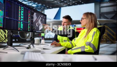 Aircraft Maintenance Engineer Working On Jet Engine Part In Hangar. Stock Photo
