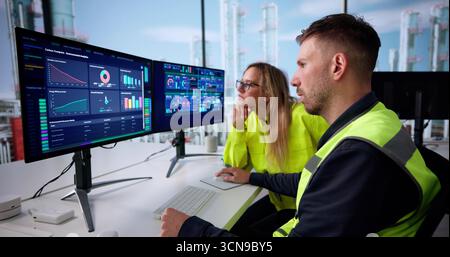 Engineer Operating An Industrial Data Automation System On Computer Screen. Stock Photo