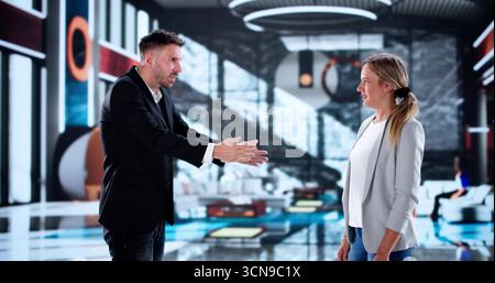 Tense Confrontation Between Boss And Employee In Luxury Hotel Lobby. Stock Photo