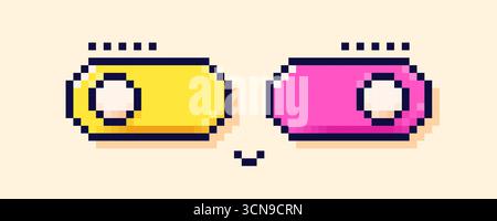 A funny cheerful face drawn from two pixel buttons with a switch. Y2k simple 8 bit bubbles. Stock Vector