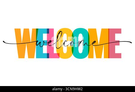Welcome, handwritten inscription - phrase design. Continuous thin line text on colorful letters. One line drawing of phrase for slogan design, t-shirt Stock Vector