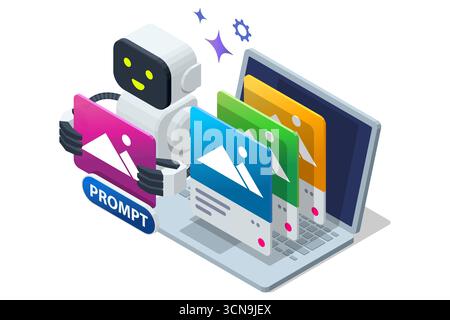 Isometric illustration of AI art generator creating digital images from prompt text. Artificial intelligence in creativity and graphic design. Stock Vector