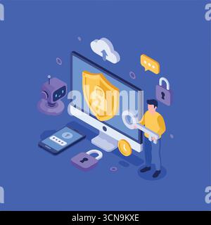 Character use artificial intelligence tools to detect cyberthreats and for data security, protection, privacy. Cybersecurity in cloud computing concep Stock Vector