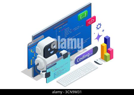 Isometric concept of AI coding assistant helping programmer write and optimize code. Artificial intelligence in software development. Creation digital Stock Vector