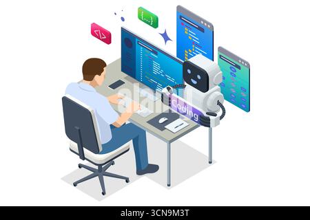 Isometric man sitting at a desk and a floating AI assistant helping him with programming. He is surrounded by code and digital elements on a laptop Stock Vector