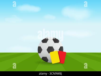 Football with Red Card and Yellow Card in Soccer Field. Vector Illustration Isolated on White Background. Stock Vector