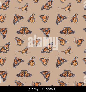 Vintage seamless pattern with hand drawn orange monarch butterflies on brown background Stock Vector