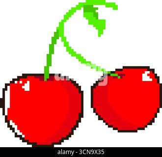 Pixelated Red Cherries with Green Stems Pixel Art Vector Illustration Isolated Design Stock Vector